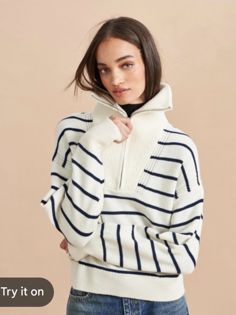 La Ligne Ivory and Navy Striped Cowl Half-Zip Sweater